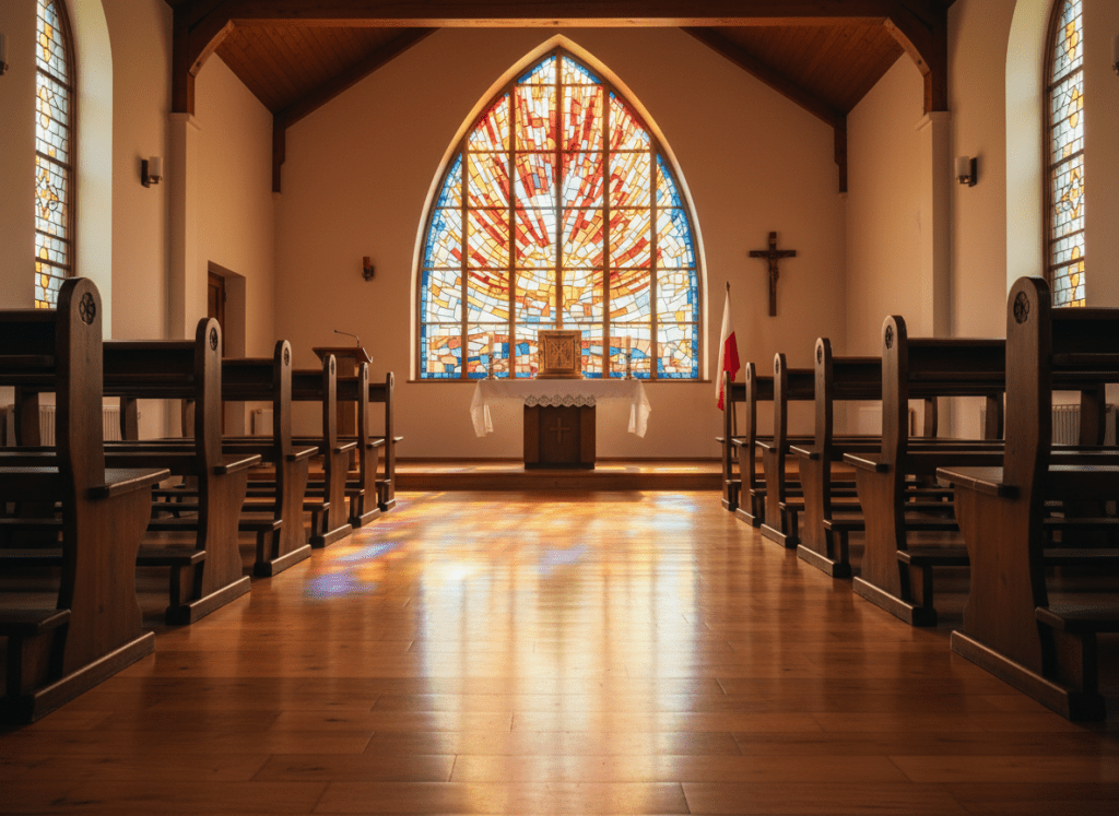 A cozy, academic school chapel interior without people, dedicated to quiet reflection within a Catholic liceum. Simple wooden pews align symmetrically on a polished wooden floor, leading the eye toward a modest altar covered with a white linen cloth and a small golden tabernacle. Behind the altar, a stained-glass window depicting abstract warm-colored patterns allows soft, diffused natural light to bathe the space in gentle hues, casting colored reflections on the floor. A discreet Polish flag stands to one side, emphasizing patriotic values. Photographic realism, shot from the back of the chapel with a centered, symmetrical composition, creating a serene, reverent, and contemplative atmosphere, ideal for illustrating the school’s Christian character and spiritual care.